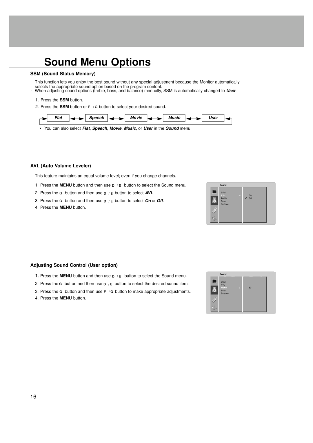 LG Electronics MT-42PZ40V, MZ-42PZ42V, MT-42PZ42S Sound Menu Options, SSM Sound Status Memory, AVL Auto Volume Leveler 