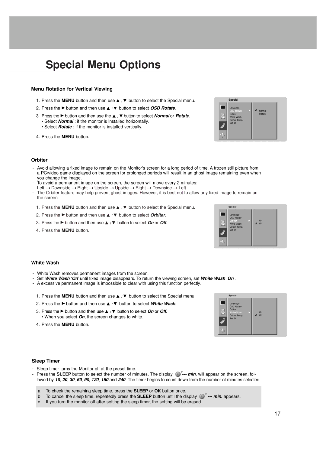 LG Electronics MT-42PZ42R, MZ Special Menu Options, Menu Rotation for Vertical Viewing, Orbiter, White Wash, Sleep Timer 