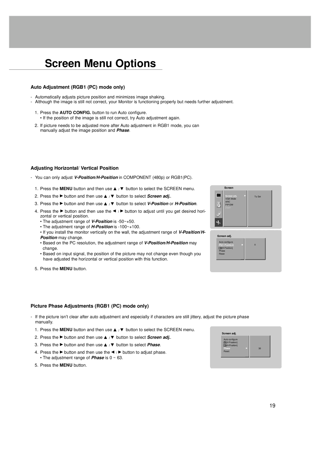 LG Electronics MZ-42PZ42V Screen Menu Options, Auto Adjustment RGB1 PC mode only, Adjusting Horizontal/ Vertical Position 