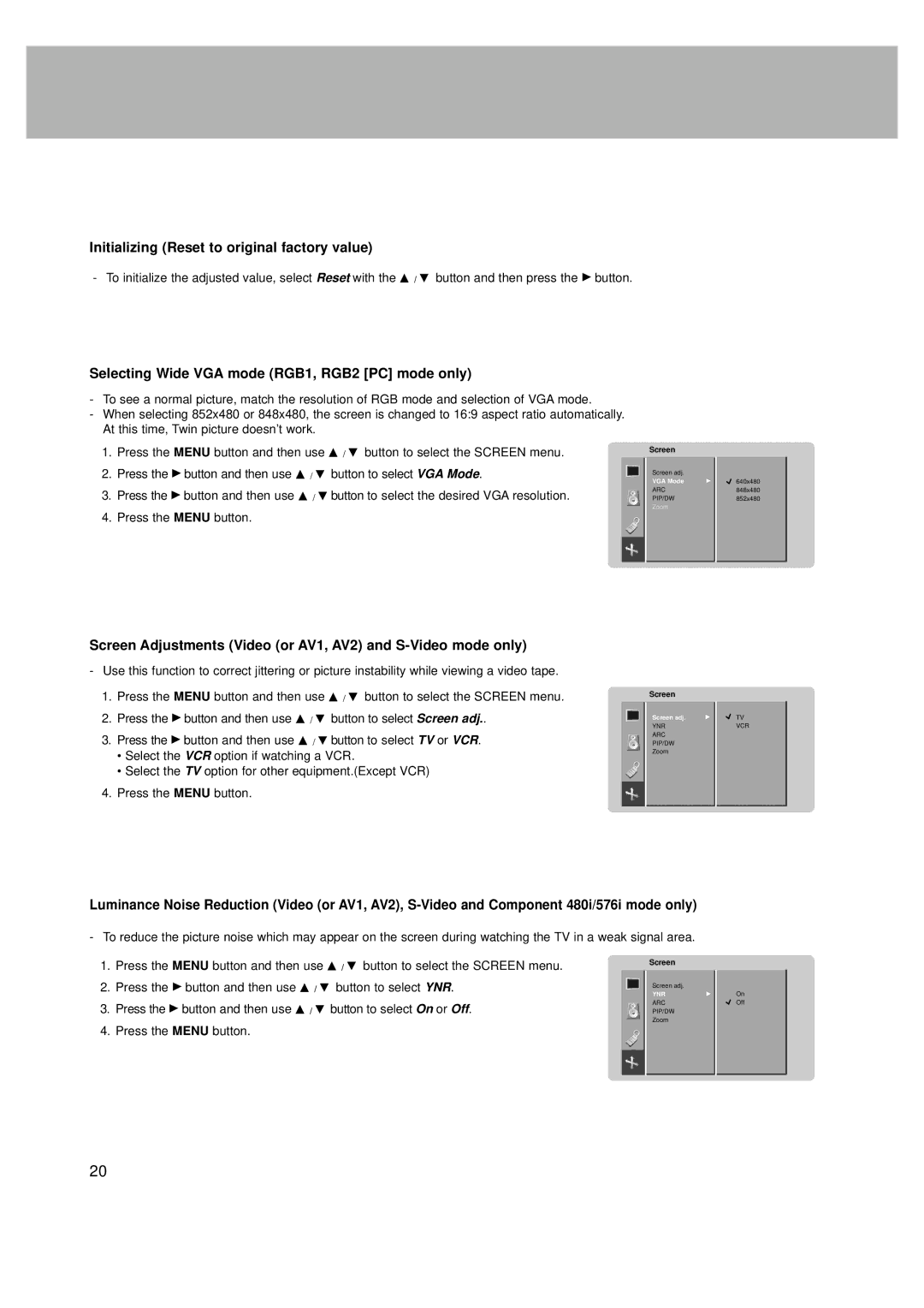 LG Electronics MZ Initializing Reset to original factory value, Selecting Wide VGA mode RGB1, RGB2 PC mode only 