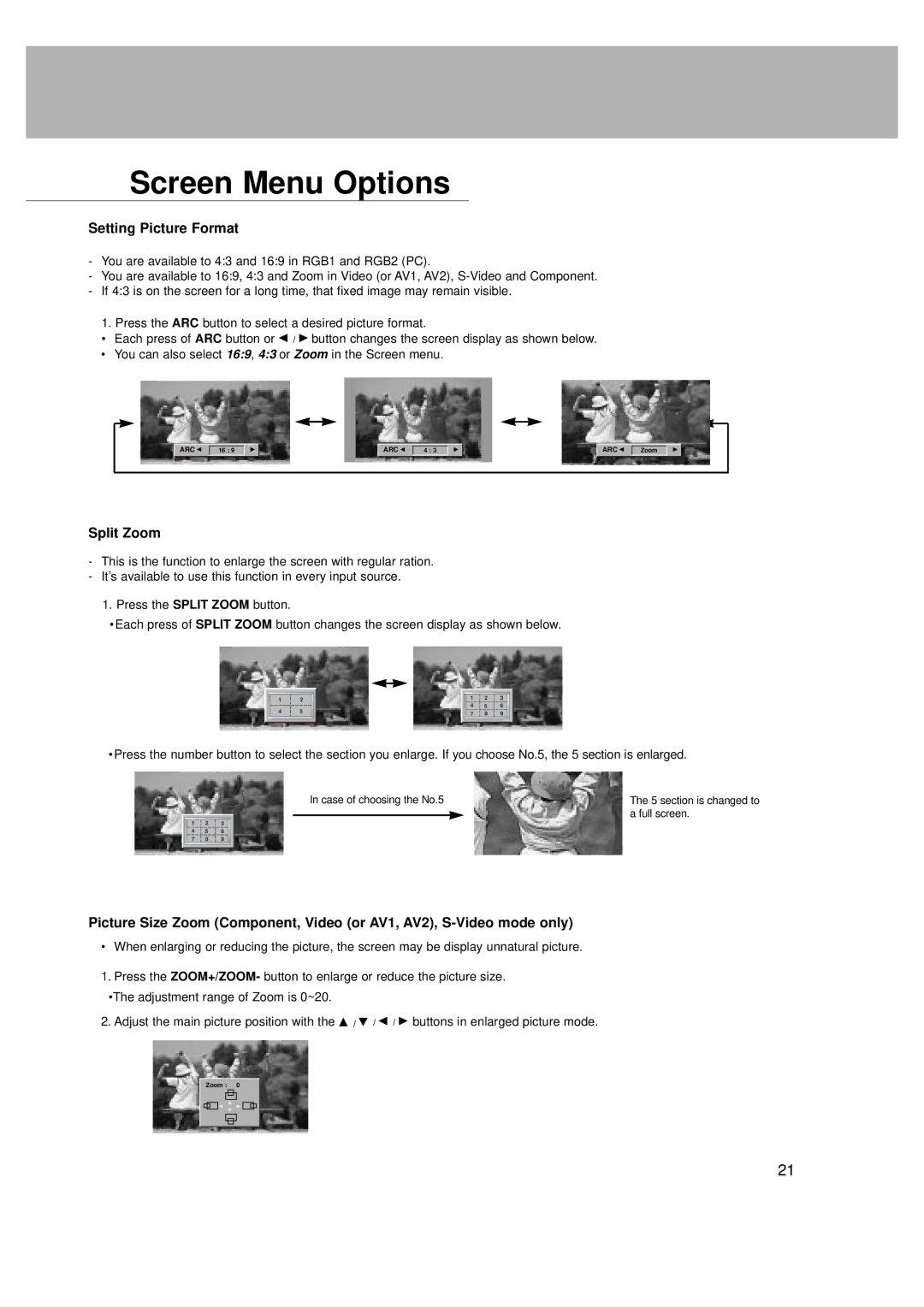 LG Electronics MT-42PZ42S, MZ-42PZ42V, MT-42PZ42V, MT-42PZ41B, MT-42PZ42B, MT-42PZ41V Setting Picture Format, Split Zoom 