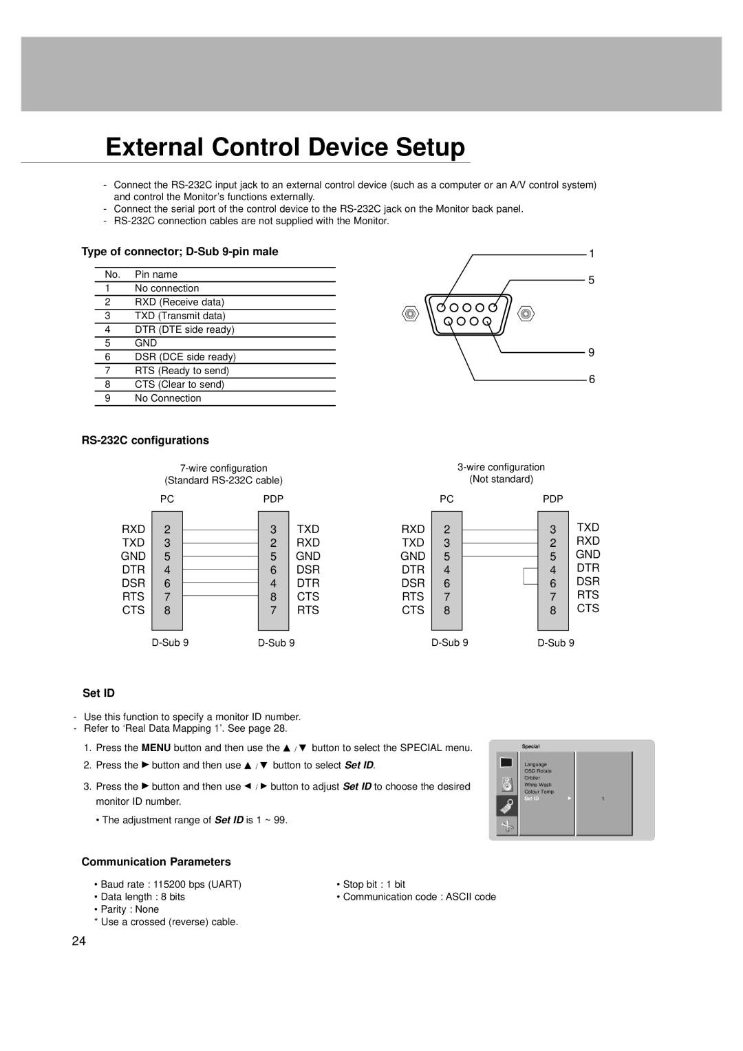 LG Electronics MT-42PZ42B, MZ External Control Device Setup, Type of connector D-Sub 9-pin male, RS-232C configurations 