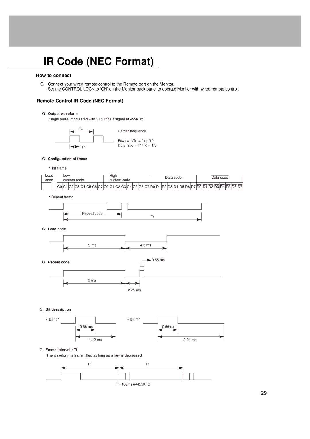 LG Electronics MT-42PZ43R, MZ-42PZ42V, MT-42PZ42S, MT-42PZ42V How to connect, Remote Control IR Code NEC Format 