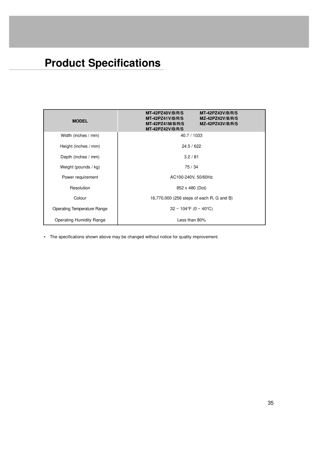 LG Electronics MT-42PZ42S Product Specifications, MT-42PZ40V/B/R/S MT-42PZ43V/B/R/S, MT-42PZ41V/B/R/S MZ-42PZ42V/B/R/S 