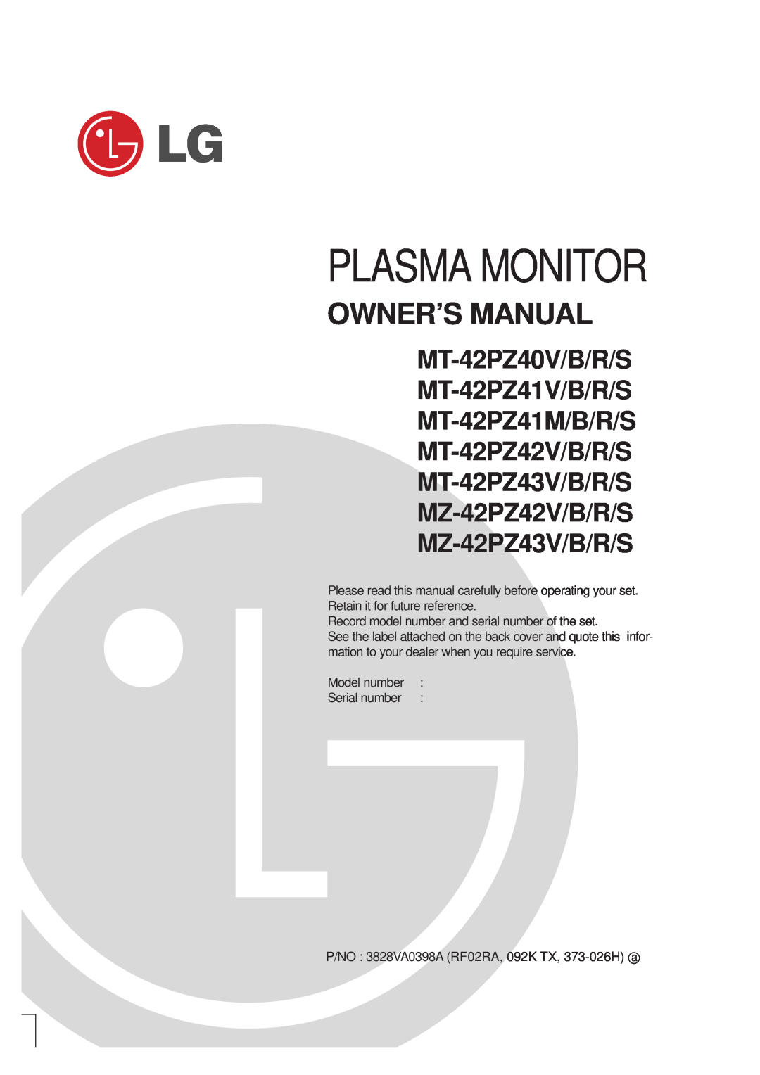 LG Electronics MZ owner manual MT-42PZ40V/B/R/S MT-42PZ41V/B/R/S MT-42PZ41M/B/R/S MT-42PZ42V/B/R/S, Plasma Monitor 