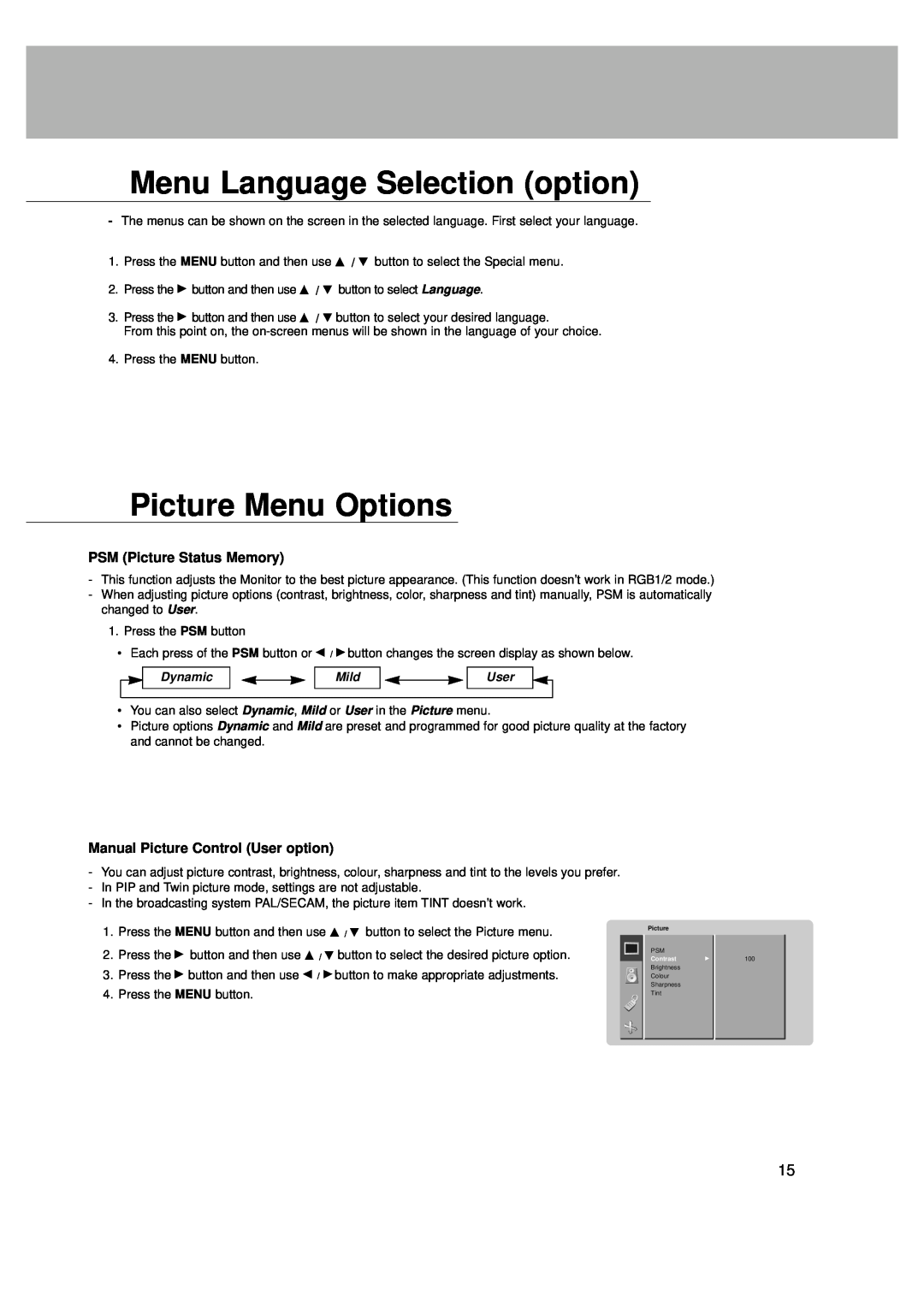 LG Electronics MT-42PZ41M Menu Language Selection option, Picture Menu Options, PSM Picture Status Memory, Dynamic, Mild 