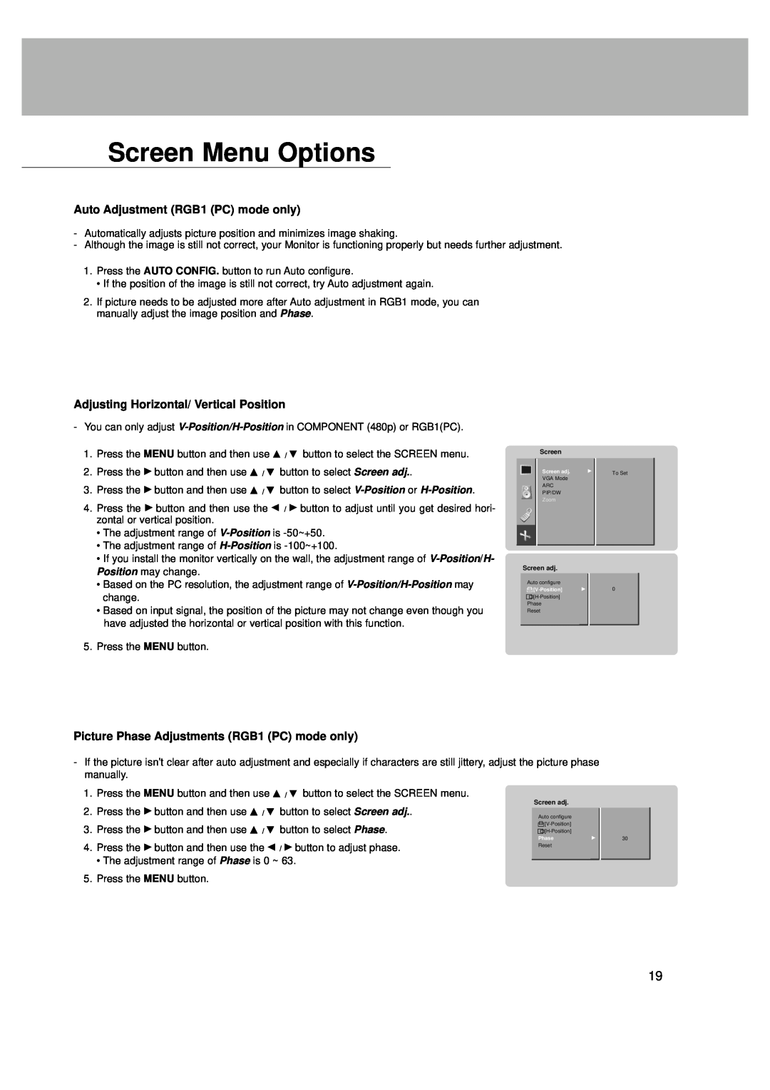 LG Electronics MZ-42PZ42V Screen Menu Options, Auto Adjustment RGB1 PC mode only, Adjusting Horizontal/ Vertical Position 