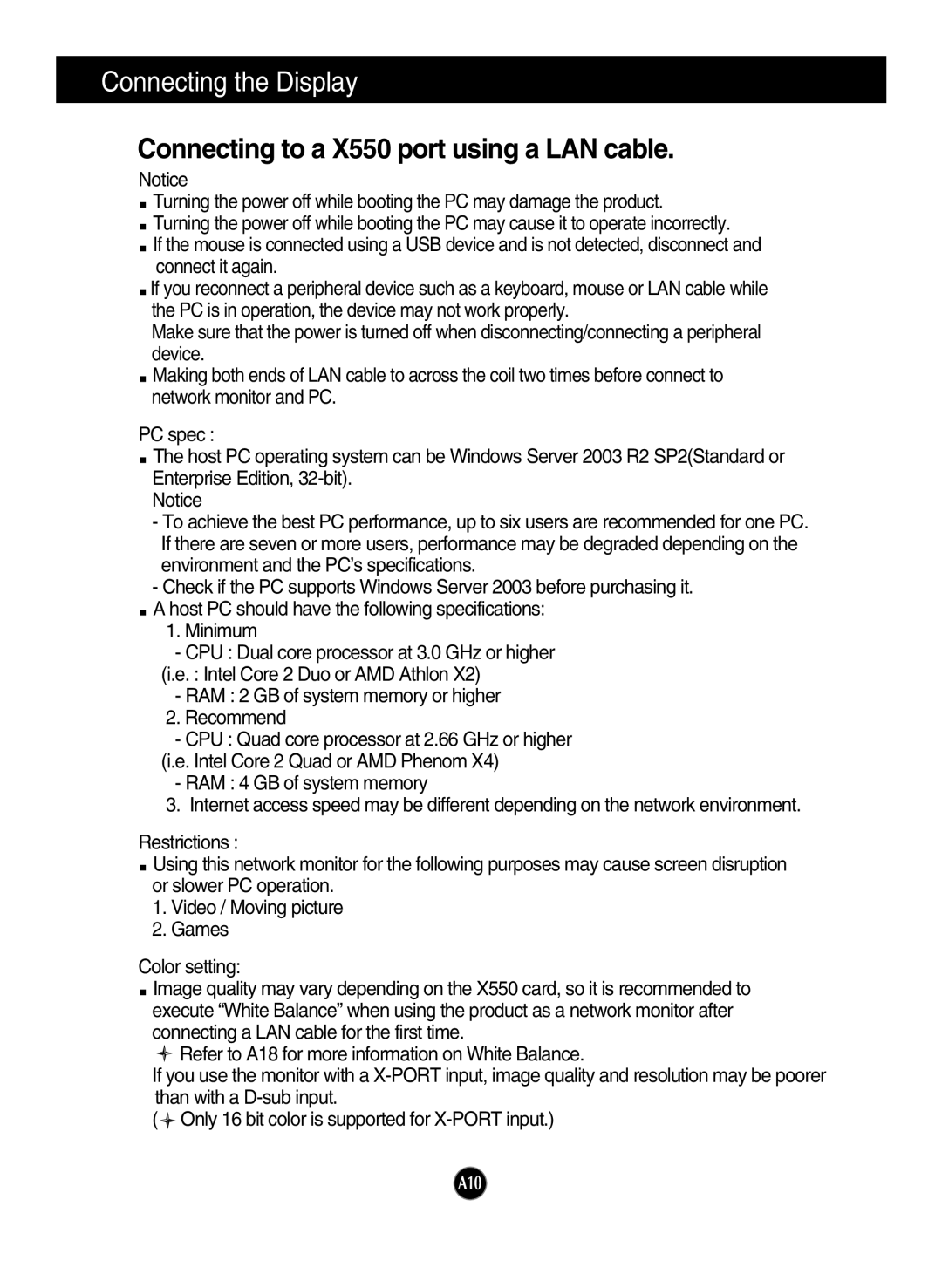 LG Electronics N1941WP, N1642WP, N1941WE manual Connecting to a X550 port using a LAN cable 