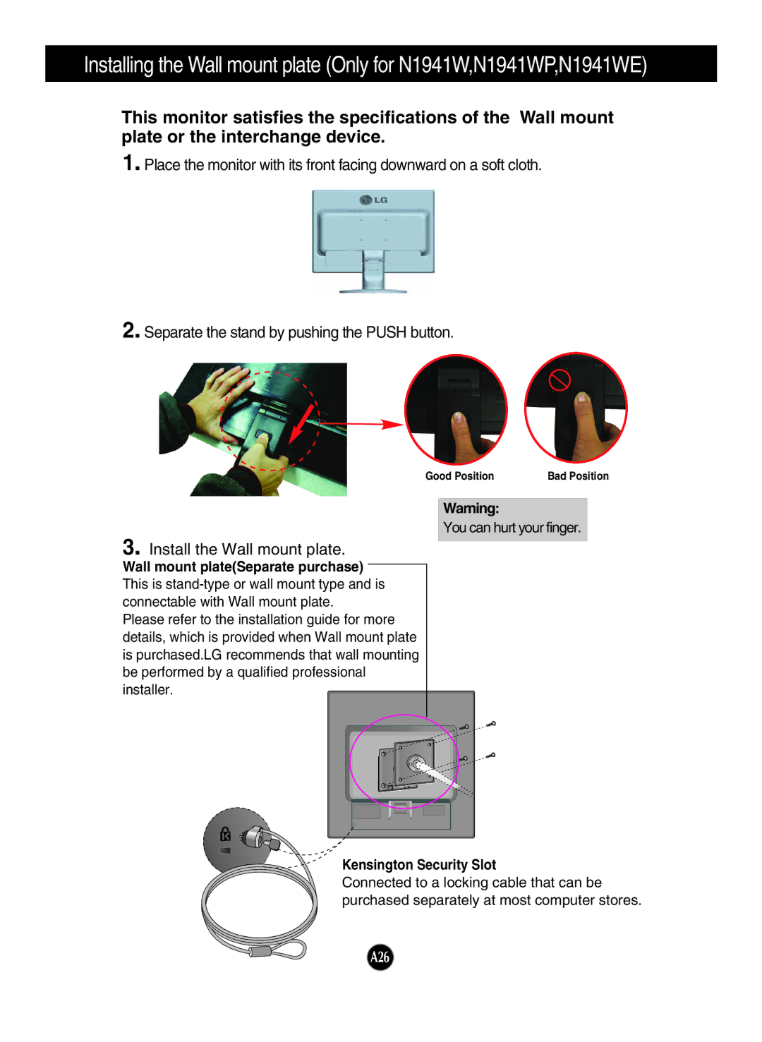 LG Electronics N1642WP, N1941WP, N1941WE manual Wall mount plateSeparate purchase, Kensington Security Slot 