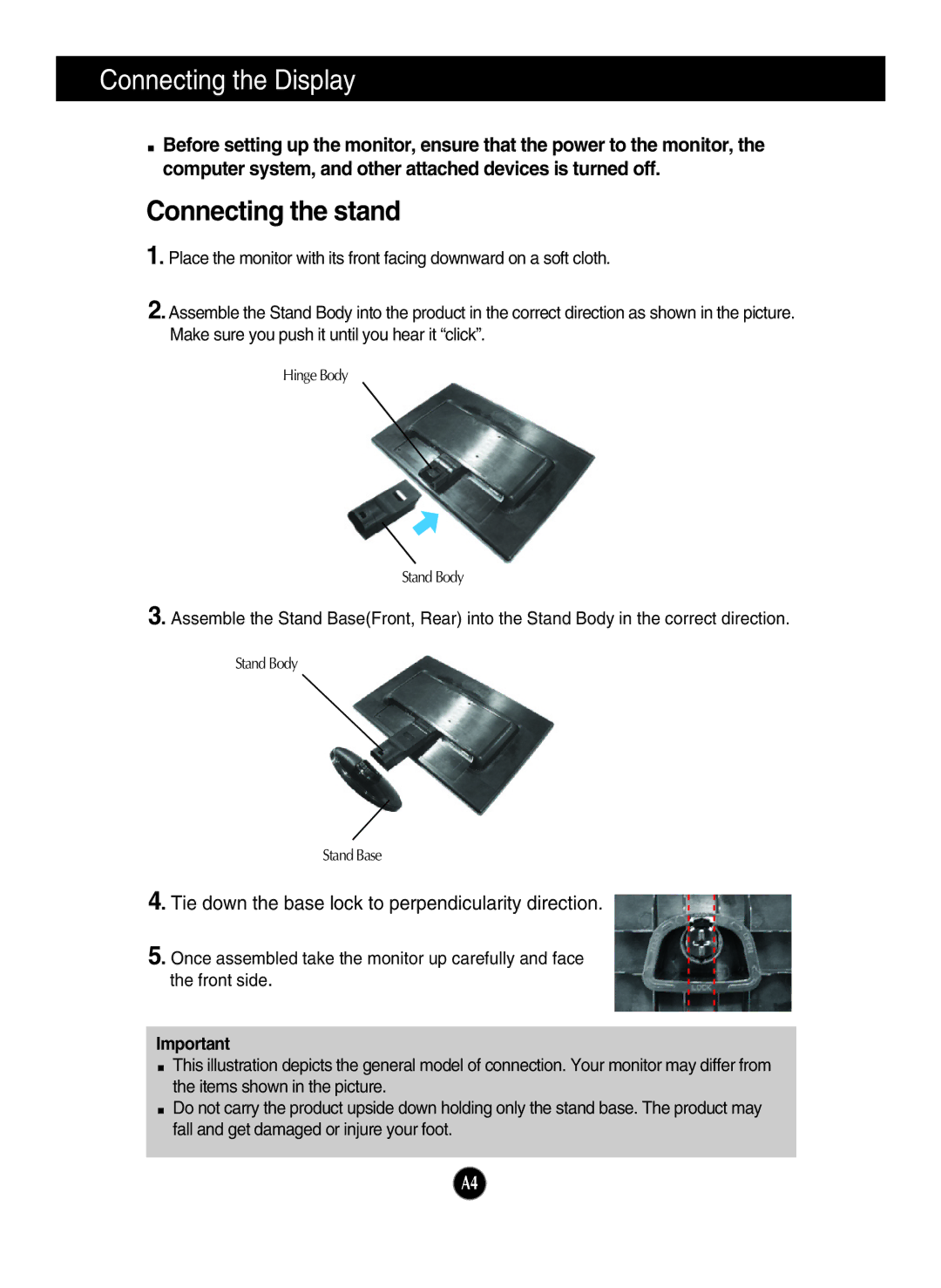 LG Electronics N1642WP, N1941WP, N1941WE manual Connecting the Display, Connecting the stand 