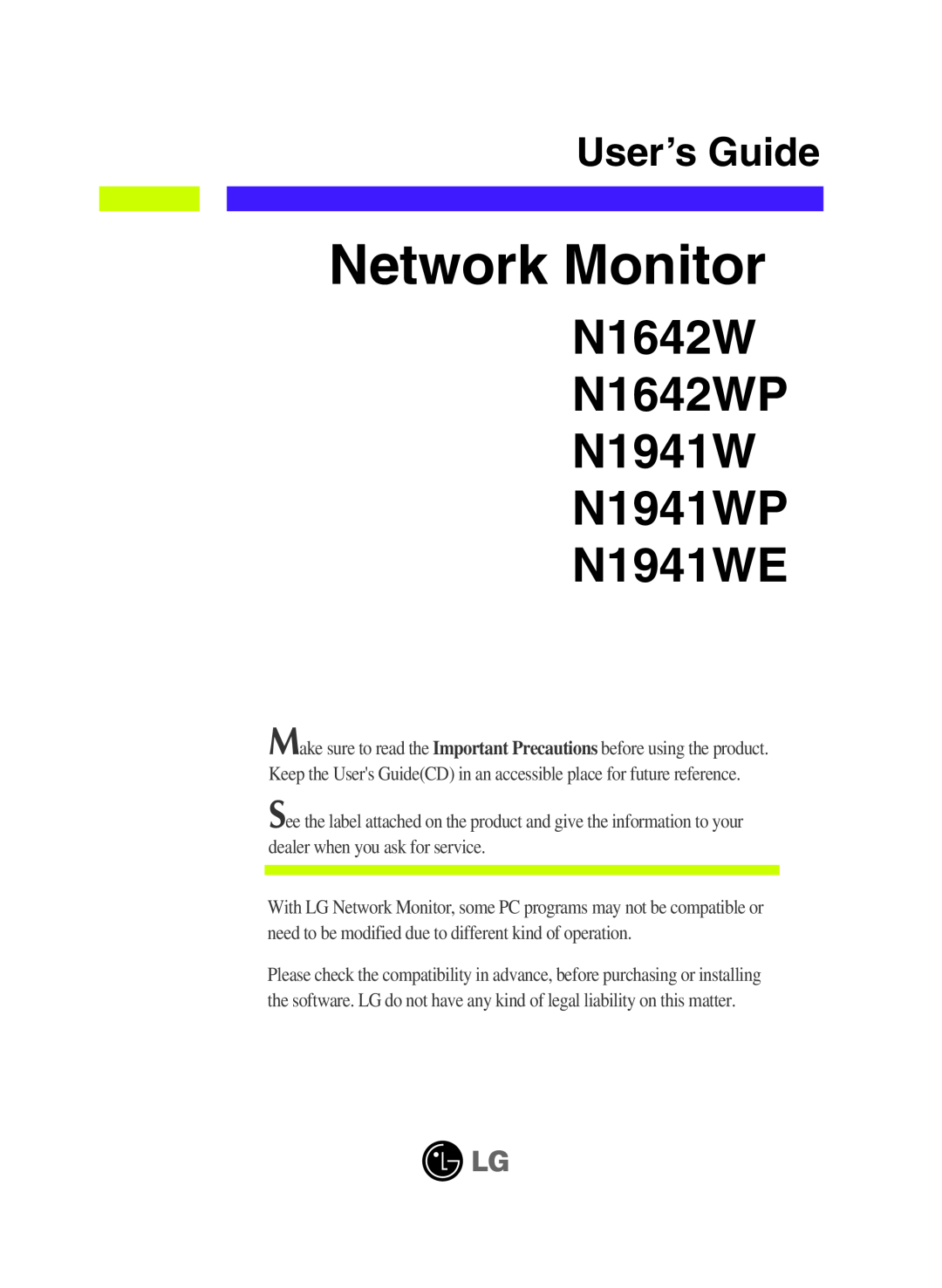 LG Electronics manual Network Monitor, N1642W N1642WP N1941W N1941WP N1941WE, User’s Guide 