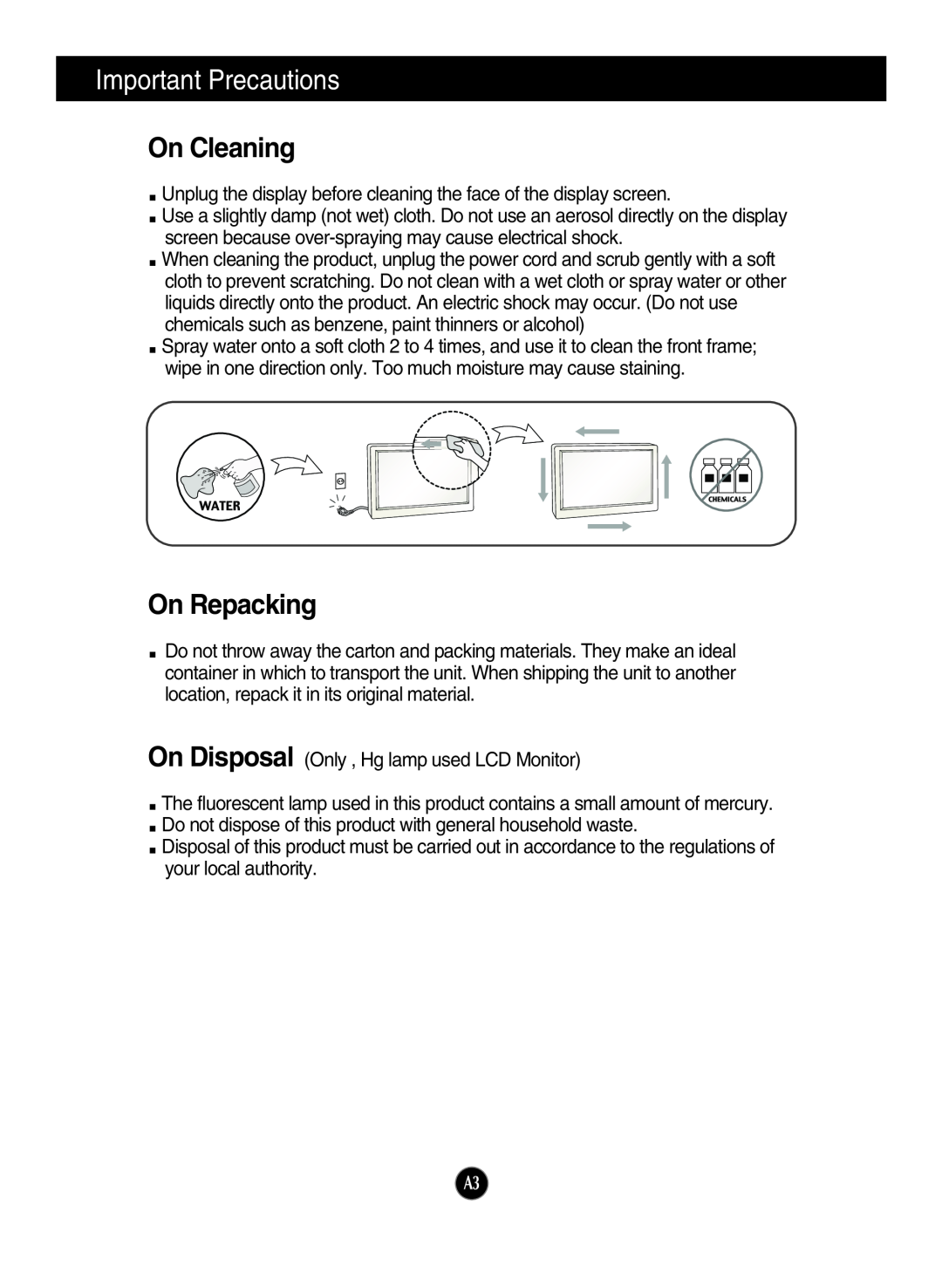 LG Electronics N1642WP, N1941WP, N1941WE manual On Cleaning, On Repacking, Important Precautions 