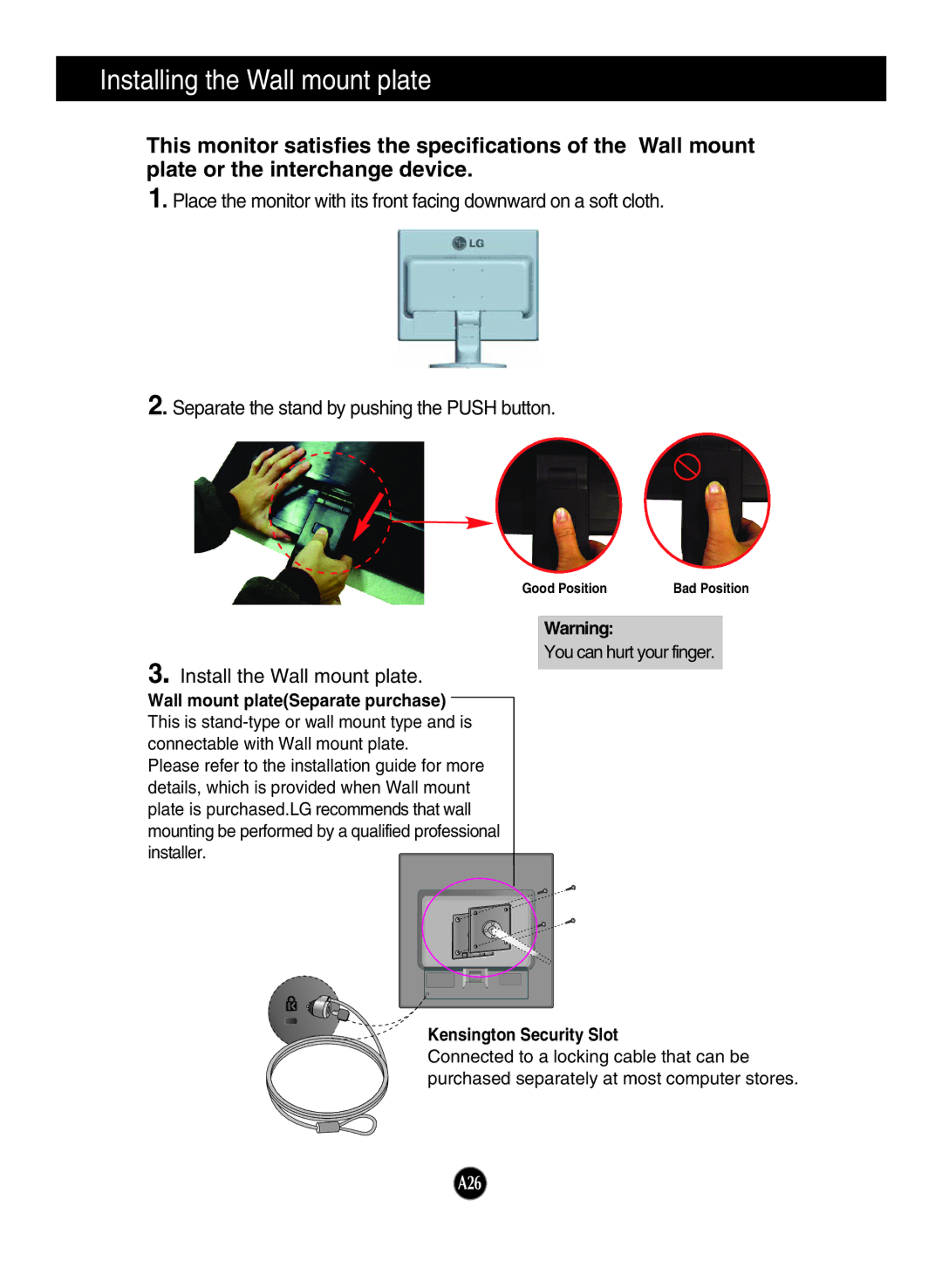 LG Electronics N1742LP manual Installing the Wall mount plate, Wall mount plateSeparate purchase, Kensington Security Slot 