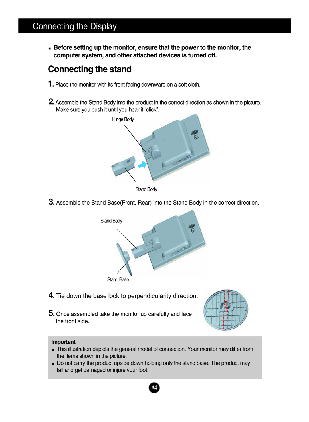 LG Electronics N1742LP, N1942L manual Connecting the Display, Connecting the stand 