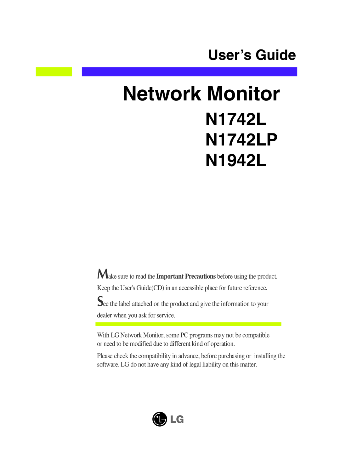 LG Electronics manual Network Monitor, N1742L N1742LP N1942L, User’s Guide 
