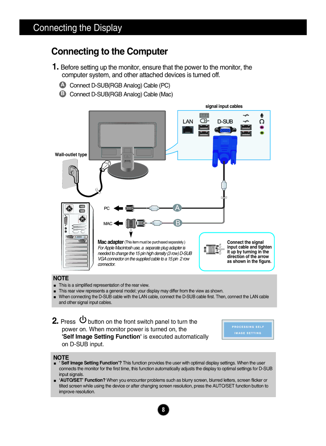 LG Electronics N194WA owner manual Connecting to the Computer, Self Image Setting Function is executed automatically 