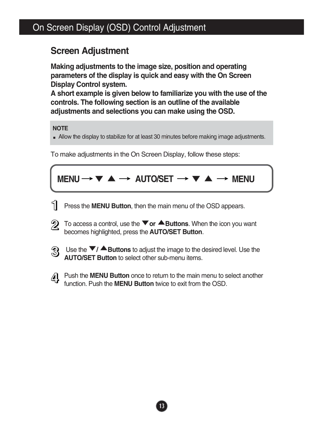 LG Electronics N194WA owner manual On Screen Display OSD Control Adjustment, Screen Adjustment 