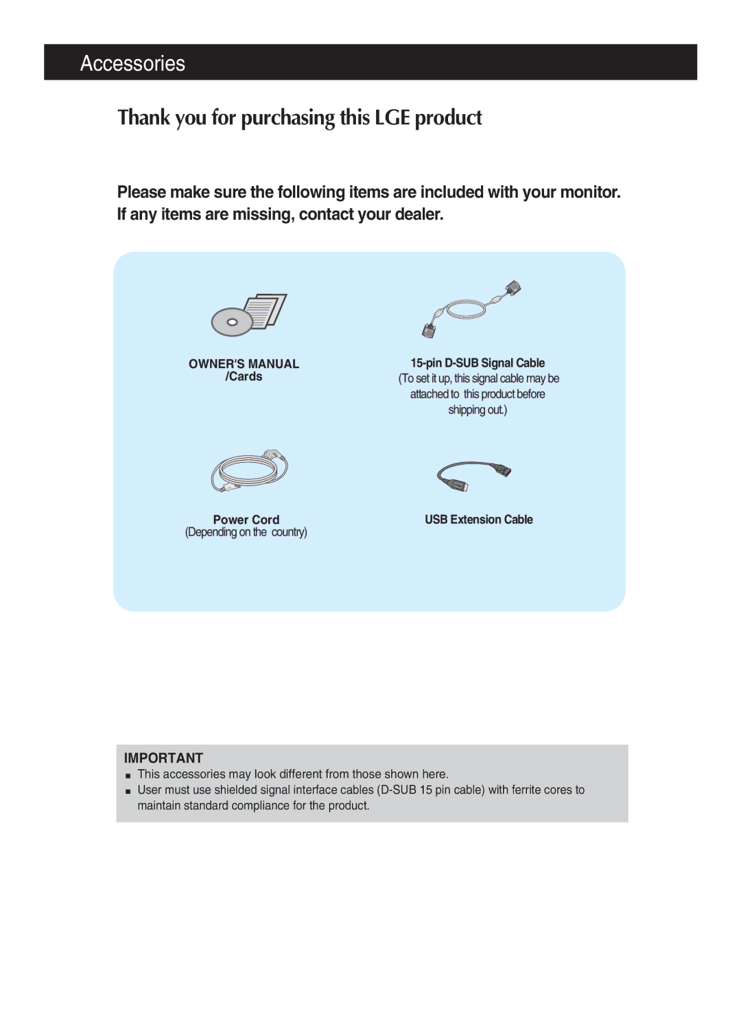 LG Electronics N194WA owner manual Accessories, Thank you for purchasing this LGE product 