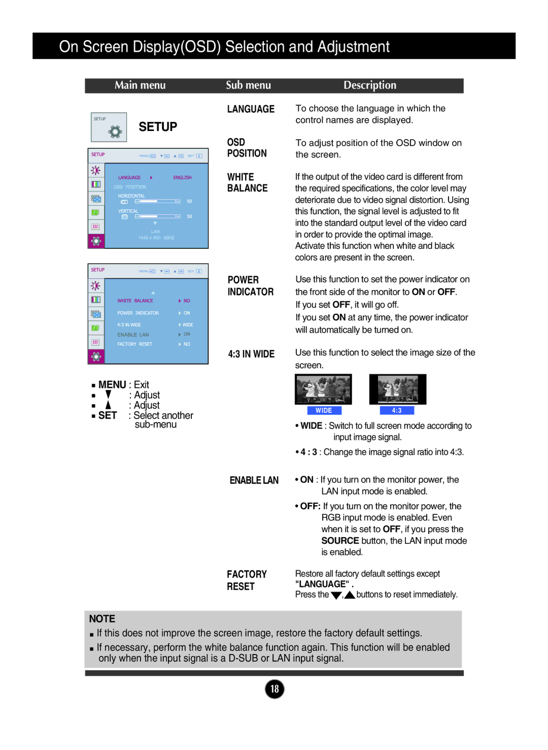 LG Electronics N194WA owner manual Language, Osd, Position, White, Balance, Wide, Enable LAN Factory Reset 