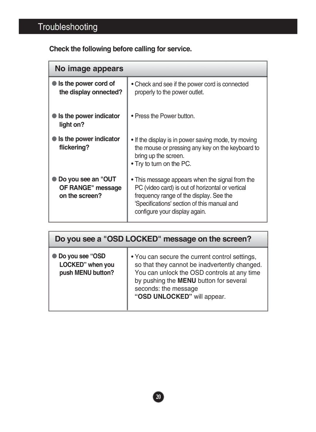 LG Electronics N194WA owner manual Troubleshooting, Display onnected?, Do you see OSD Locked when you push Menu button? 