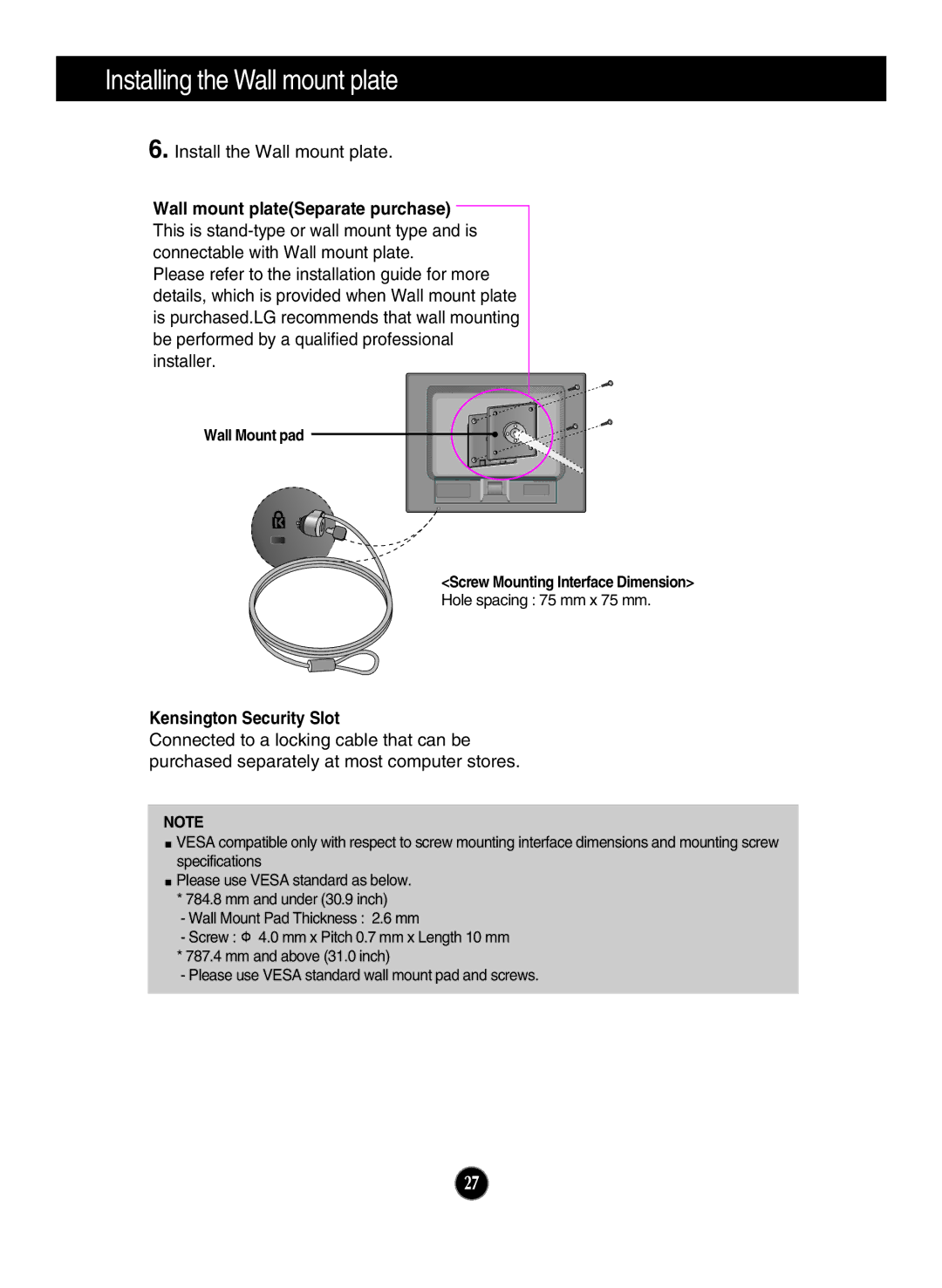 LG Electronics N194WA owner manual Wall mount plateSeparate purchase, Kensington Security Slot 