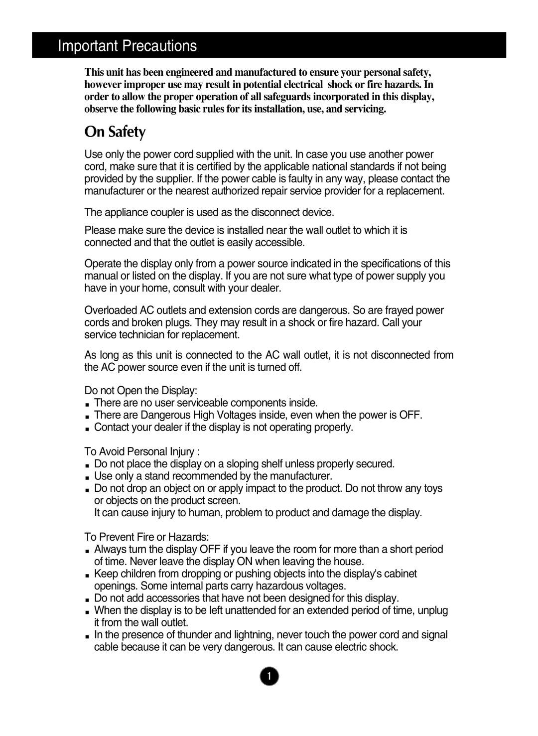 LG Electronics N194WA owner manual Important Precautions, On Safety 