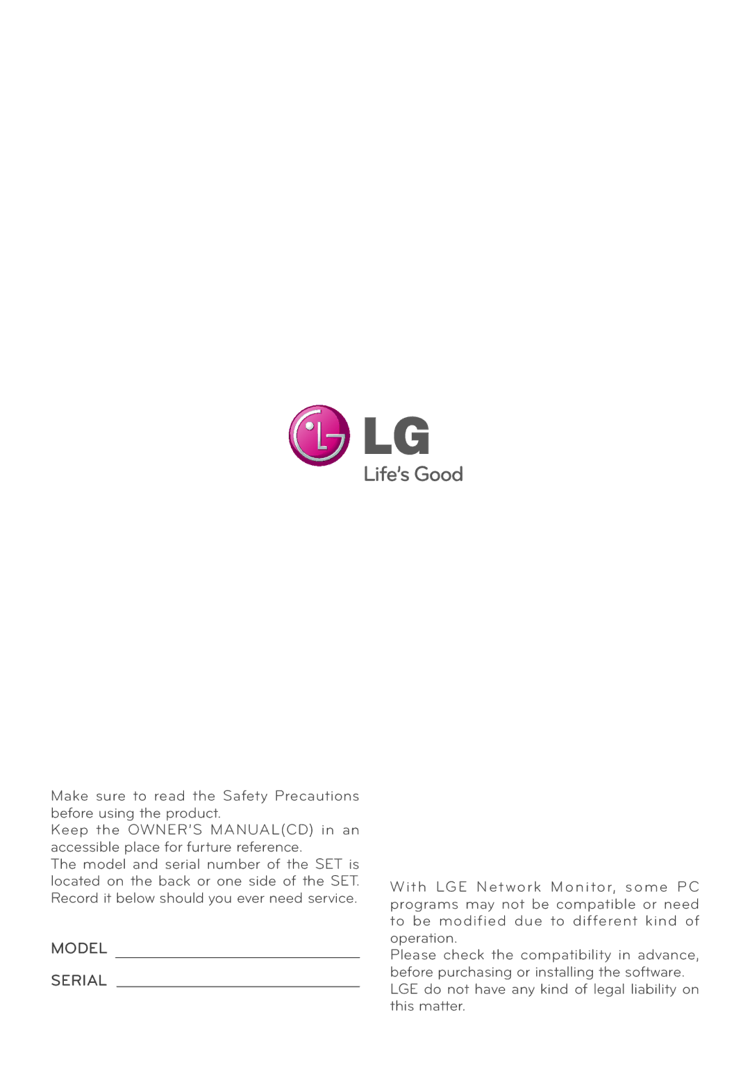 LG Electronics N194WA owner manual Model Serial 