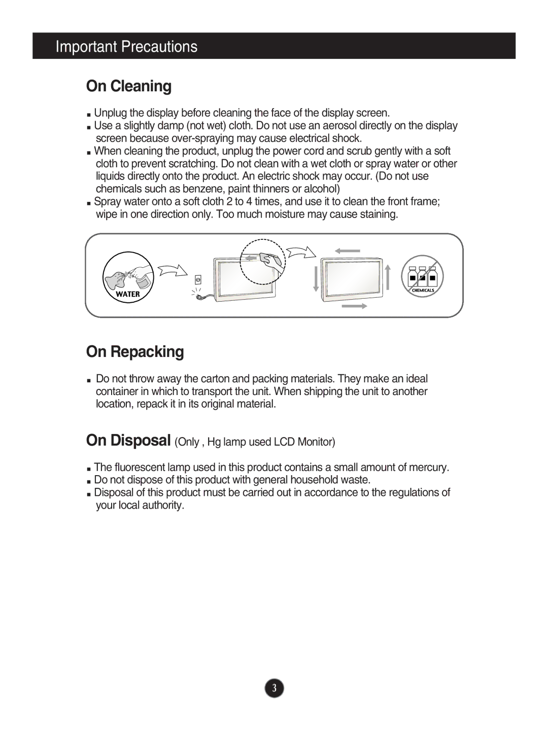 LG Electronics N194WA owner manual On Cleaning, On Repacking 