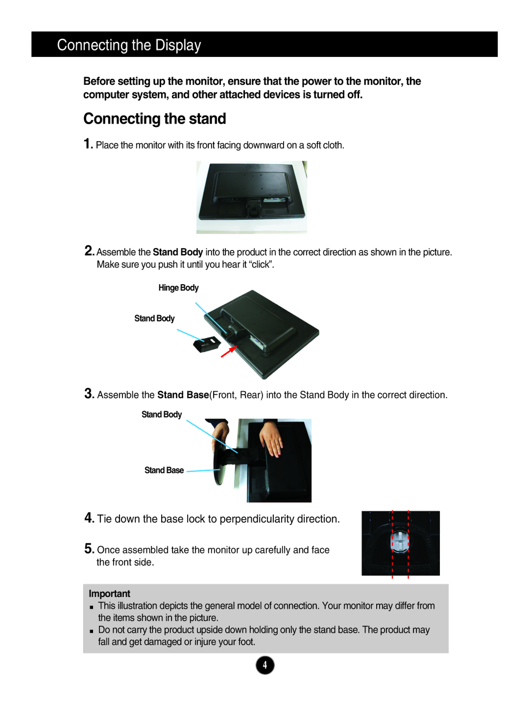 LG Electronics N194WA owner manual Connecting the Display, Connecting the stand 