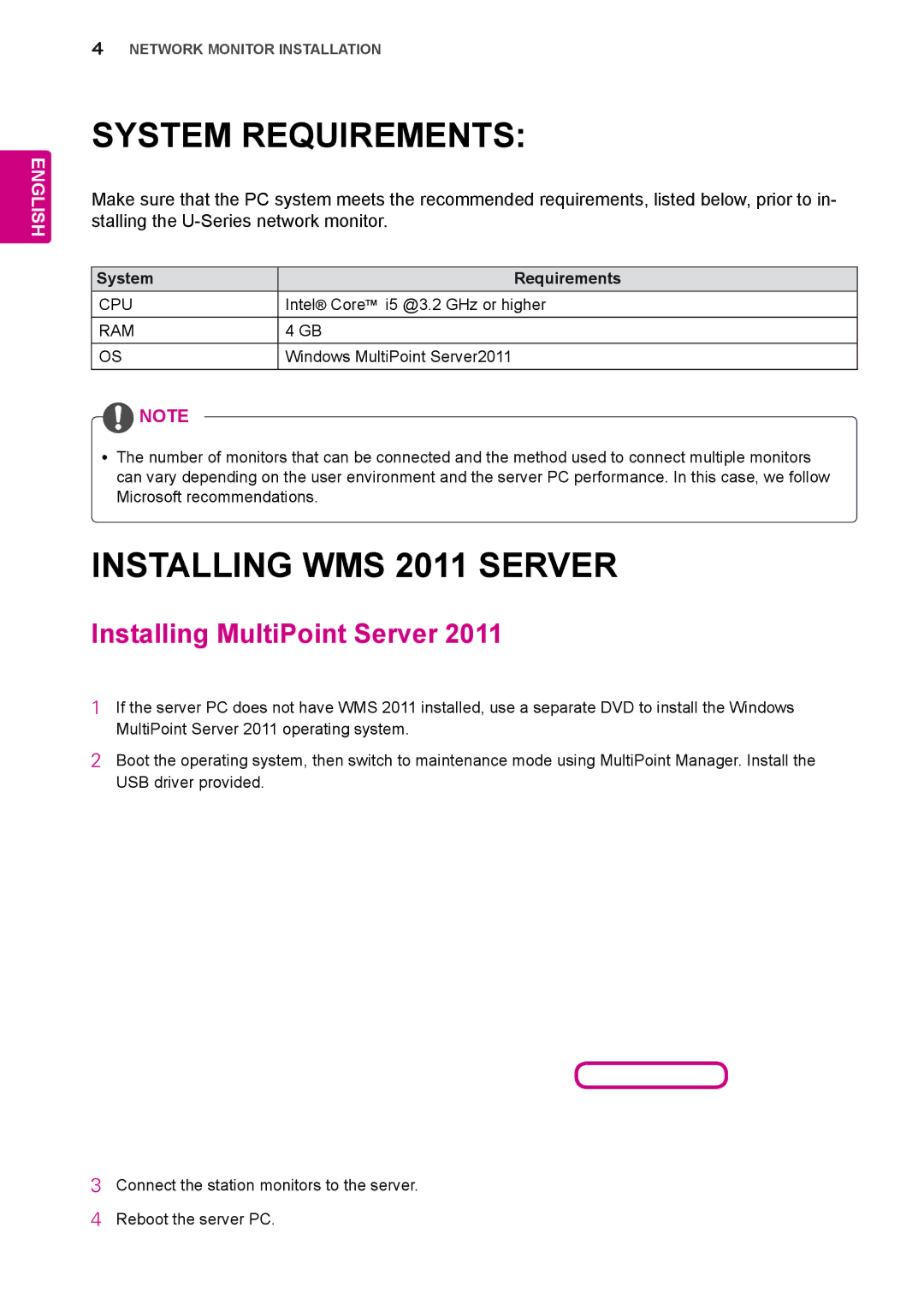 LG Electronics N195WU installation manual System Requirements, Installing WMS 2011 Server, Installing MultiPoint Server 