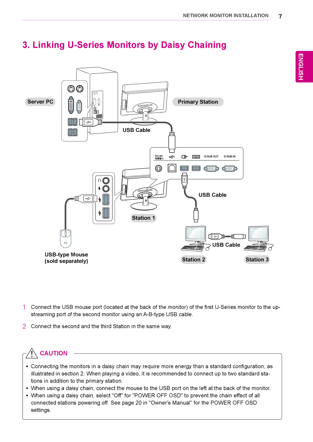 LG Electronics N195WU installation manual Linking U-Series Monitors by Daisy Chaining 