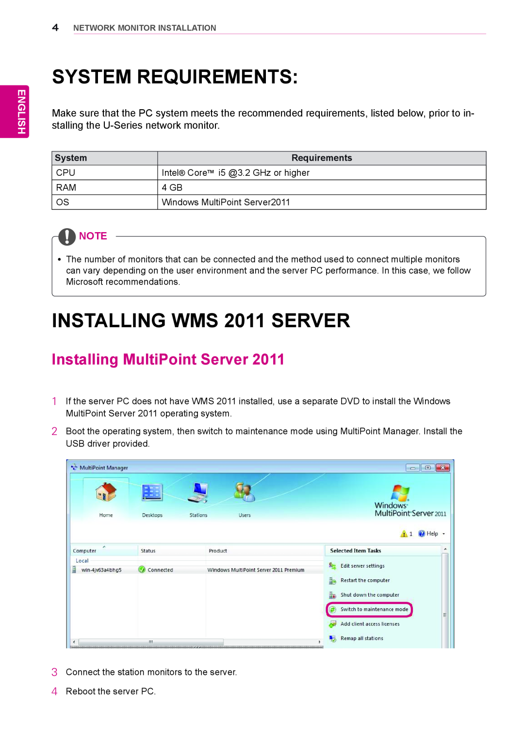 LG Electronics N195WU System Requirements, INSTALLING WMS 2011 SERVER, Installing MultiPoint Server, English 
