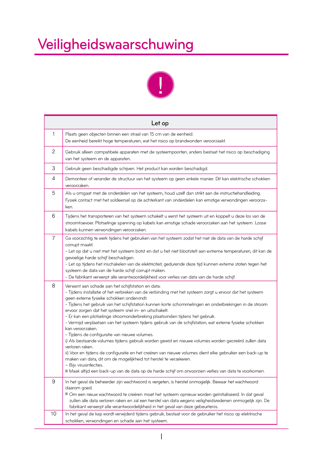 LG Electronics N1T1 manual Veiligheidswaarschuwing, Let op 