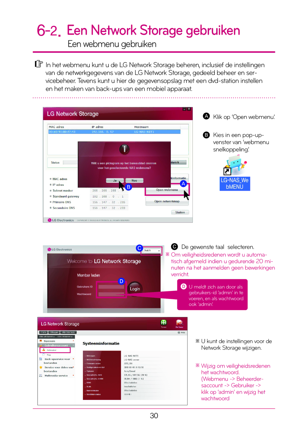 LG Electronics N1T1 manual Een webmenu gebruiken, Klik op ‘Open webmenu’, De gewenste taal selecteren 