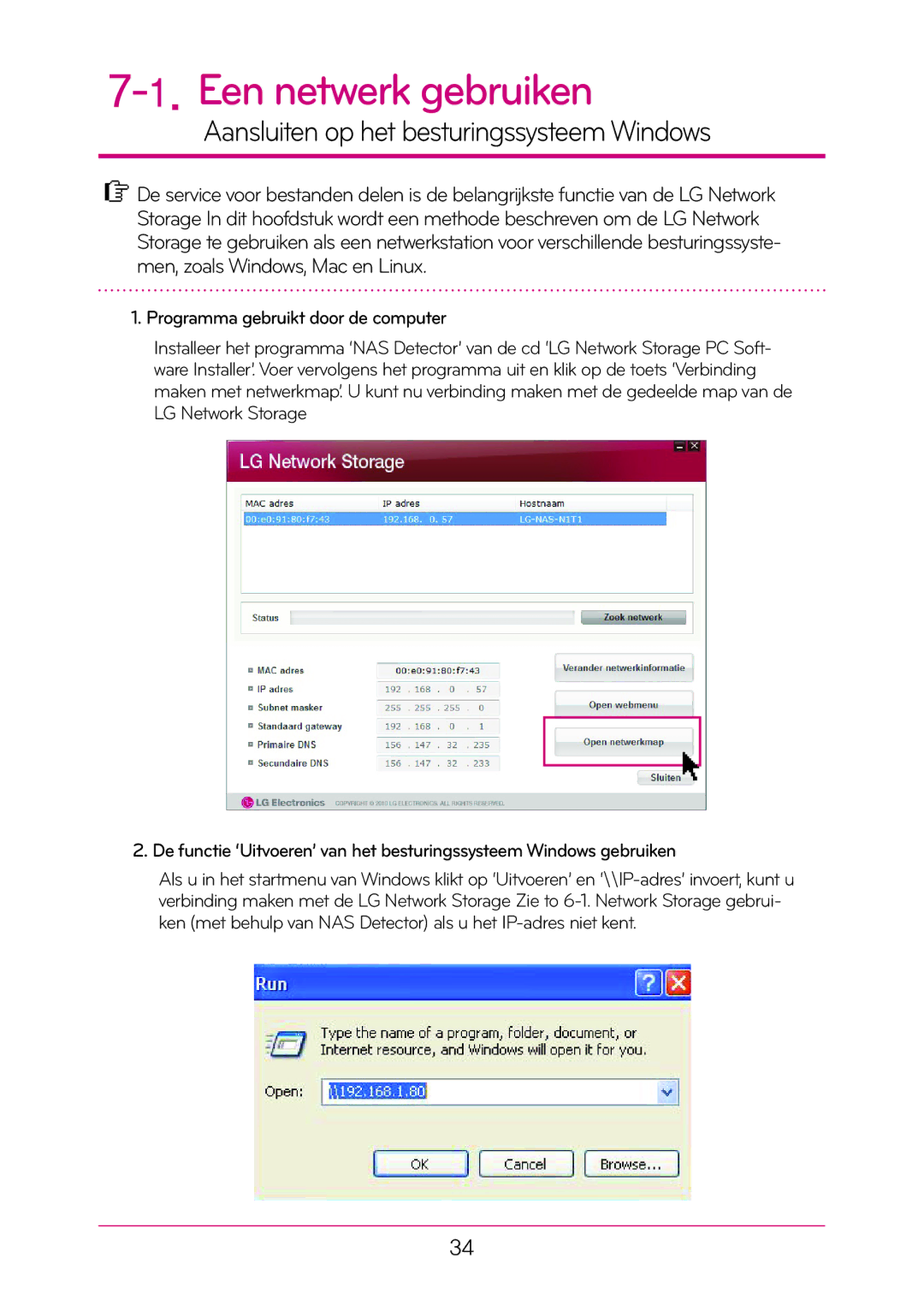 LG Electronics N1T1 manual Een netwerk gebruiken, Aansluiten op het besturingssysteem Windows 