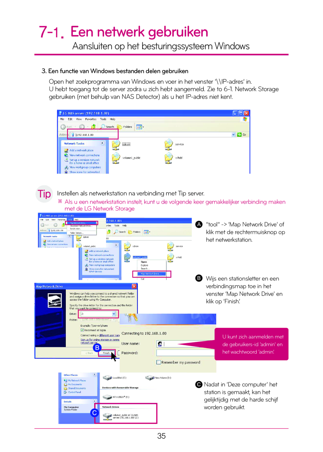 LG Electronics N1T1 manual Instellen als netwerkstation na verbinding met Tip server 