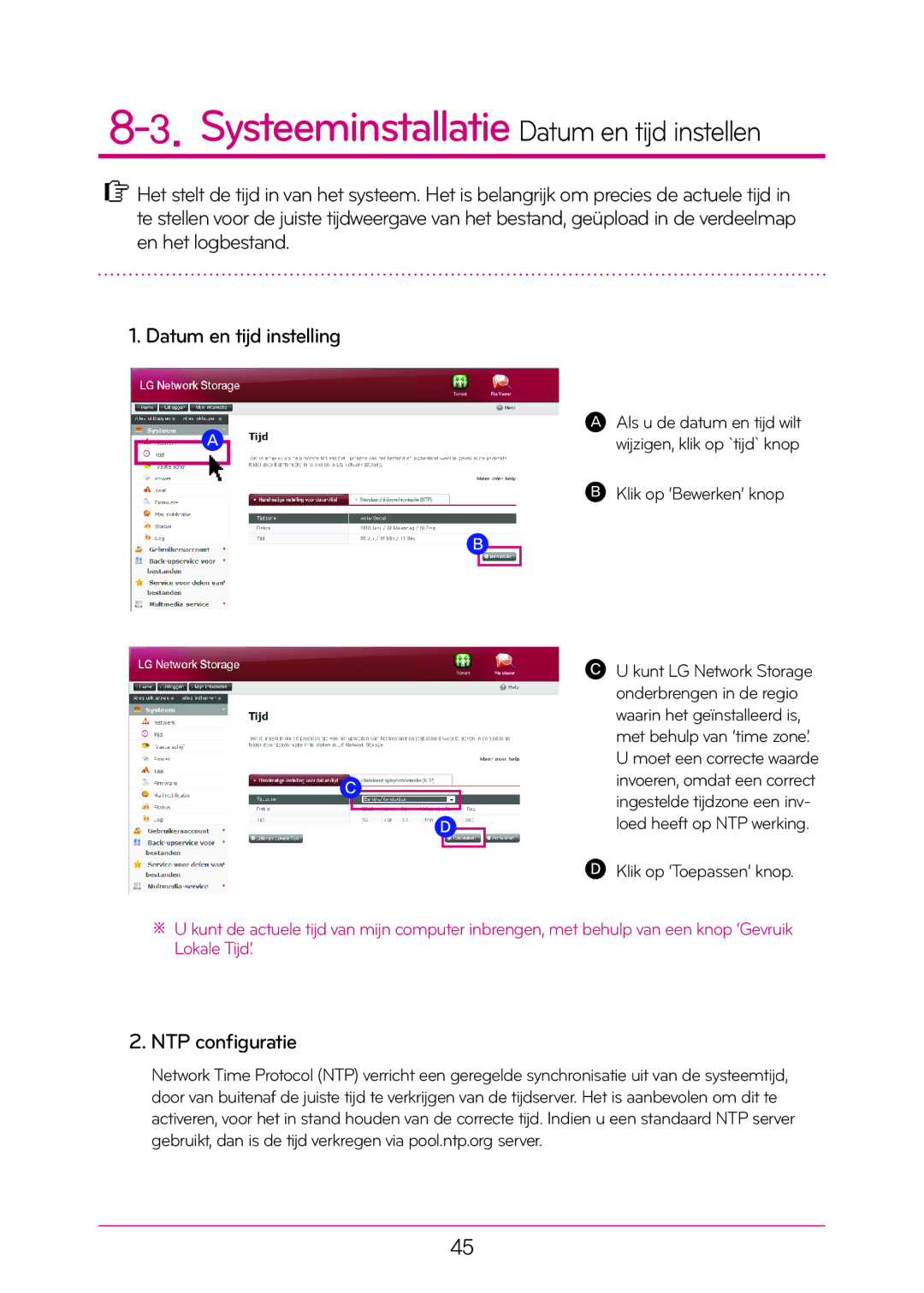 LG Electronics N1T1 manual Systeeminstallatie Datum en tijd instellen, NTP configuratie 