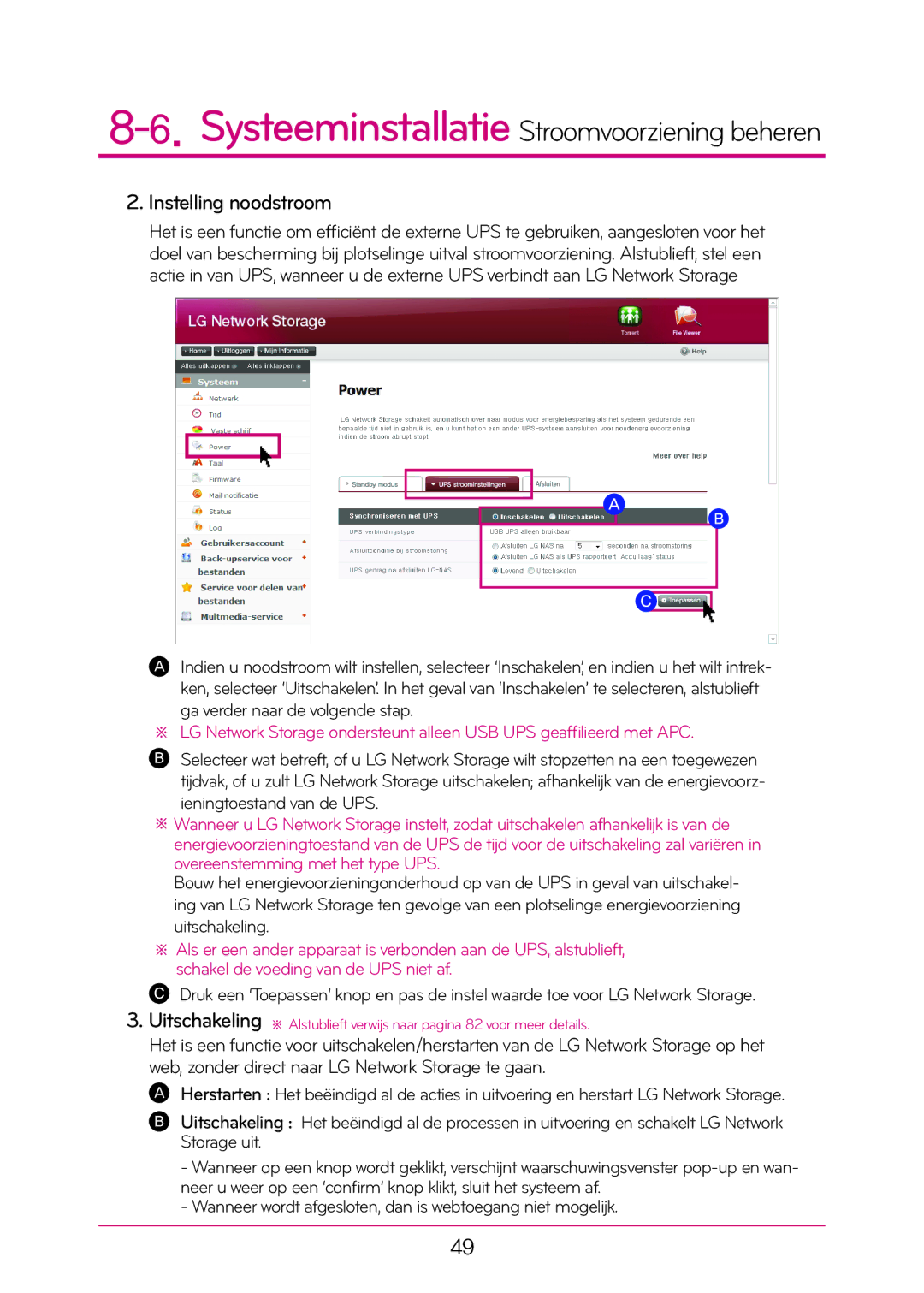 LG Electronics N1T1 manual Instelling noodstroom 