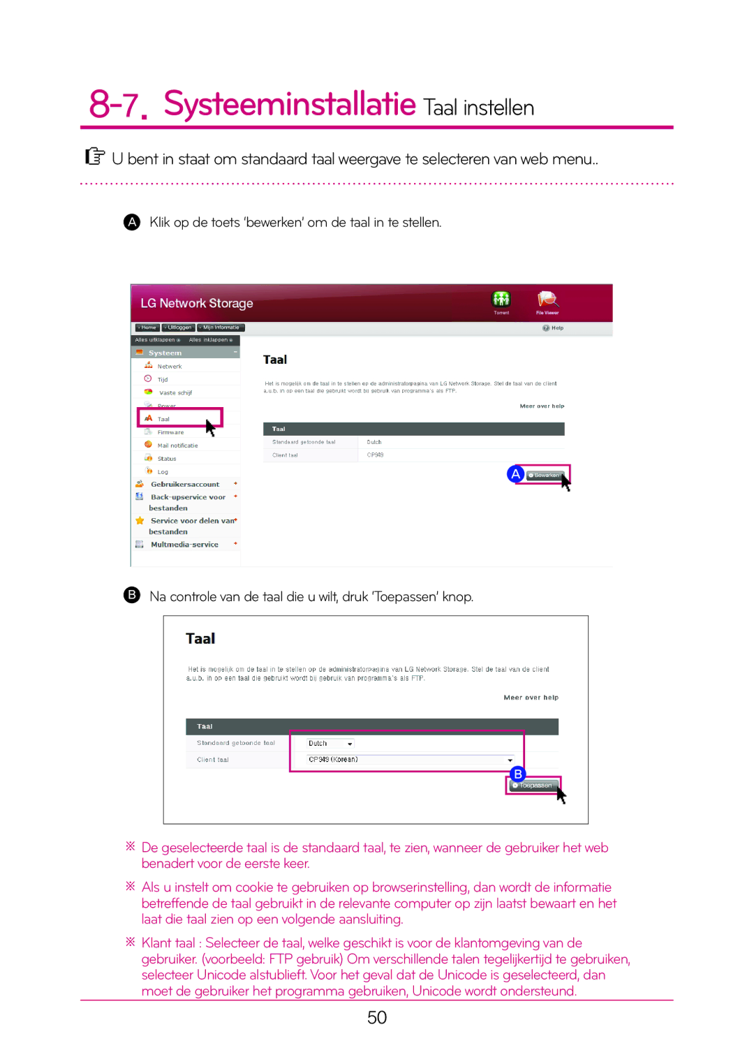 LG Electronics N1T1 manual Systeeminstallatie Taal instellen 