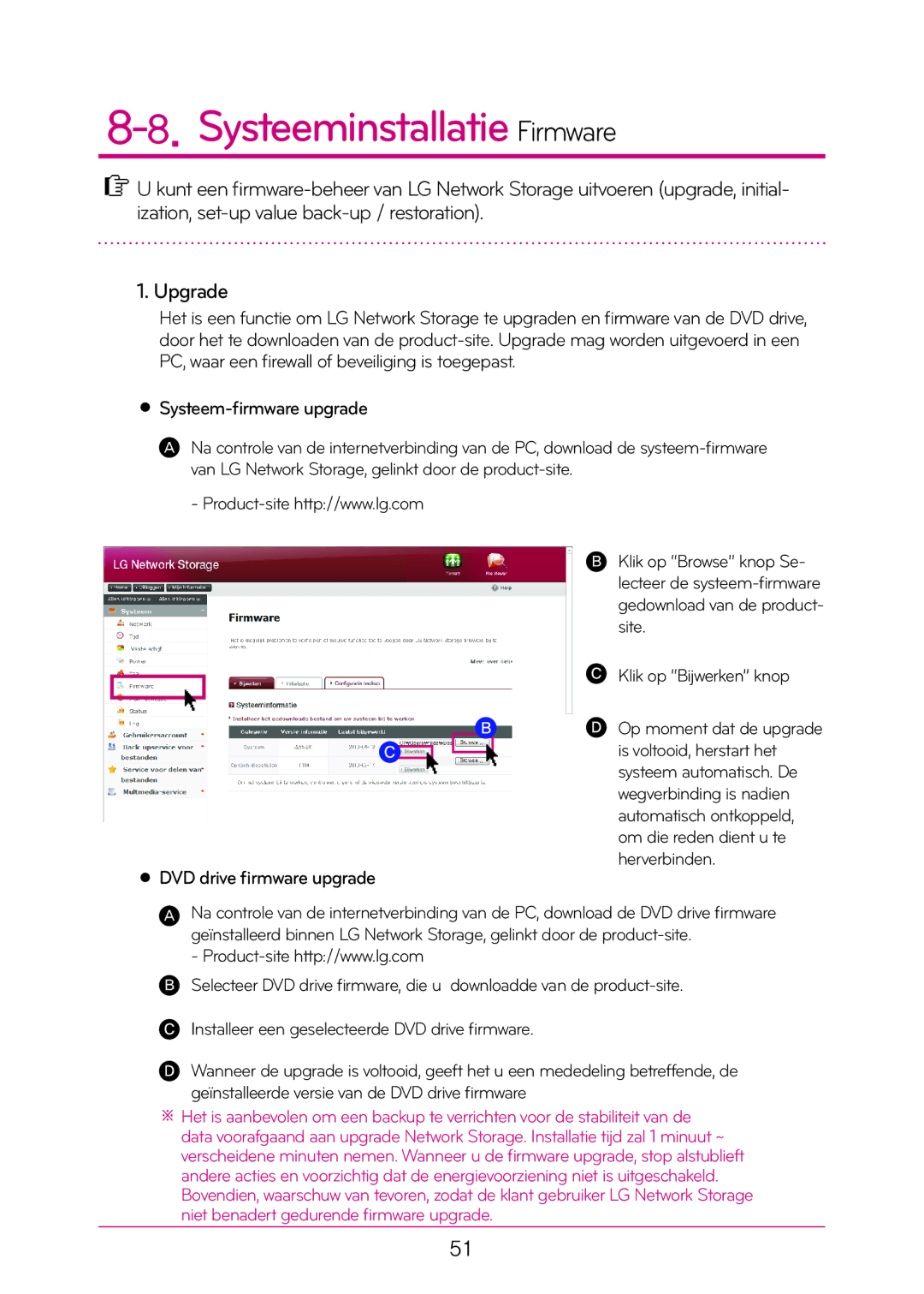 LG Electronics N1T1 manual Systeeminstallatie Firmware, Systeem-firmware upgrade, DVD drive firmware upgrade 
