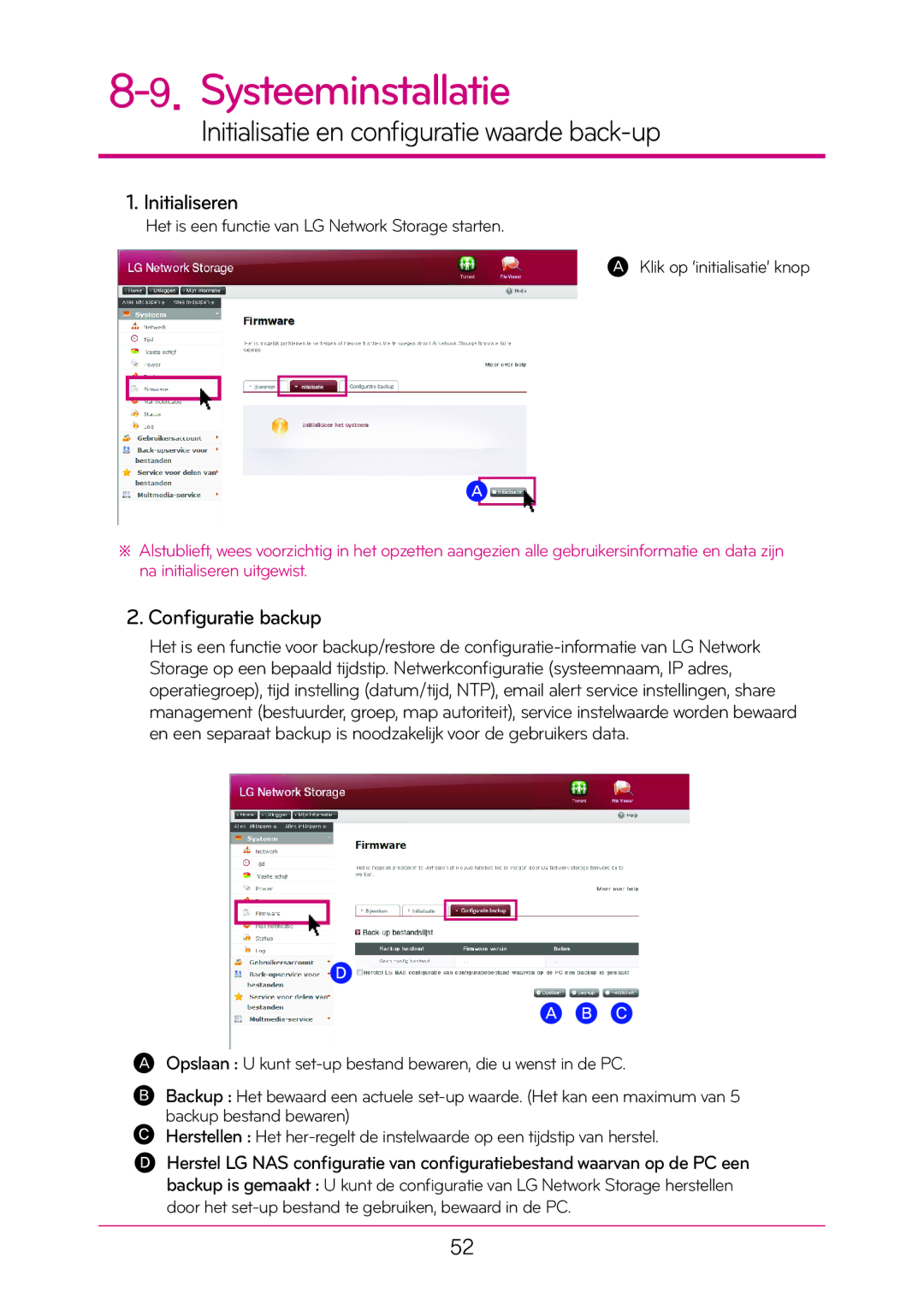 LG Electronics N1T1 manual Initialisatie en configuratie waarde back-up, Initialiseren, Configuratie backup 