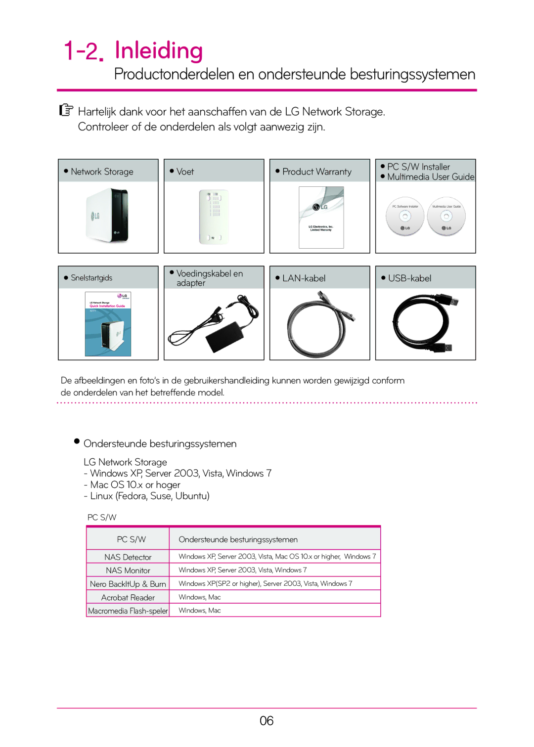 LG Electronics N1T1 manual Inleiding, Productonderdelen en ondersteunde besturingssystemen, Ondersteunde besturingssystemen 