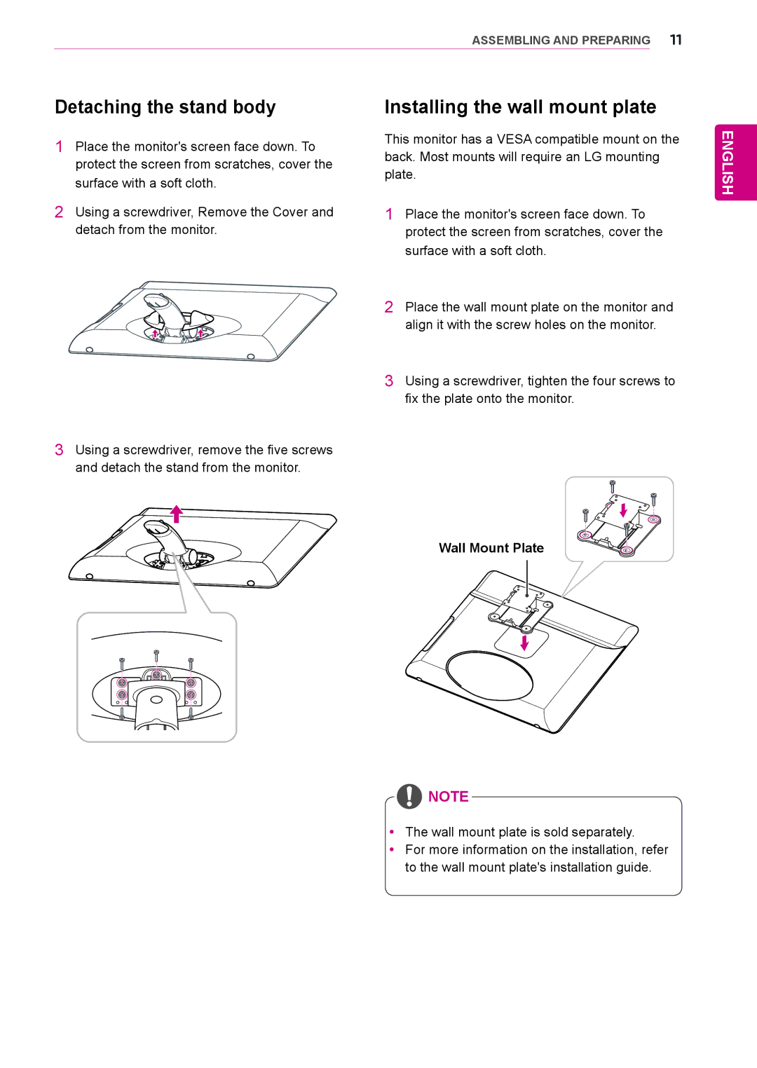 LG Electronics N225WU owner manual Detaching the stand body, Installing the wall mount plate, Wall Mount Plate 