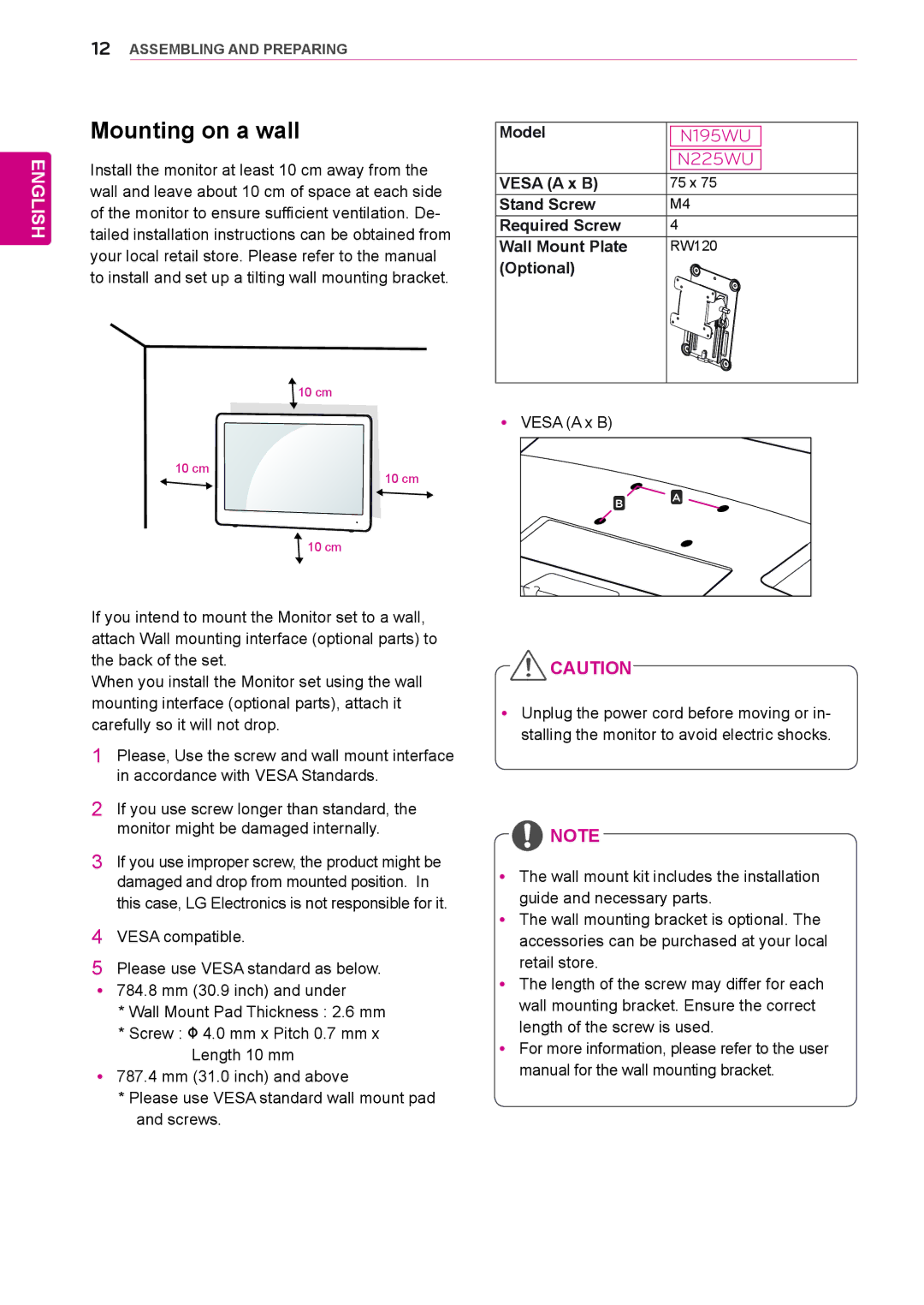 LG Electronics N225WU Mounting on a wall, Model, Vesa a x B, Stand Screw Required Screw Wall Mount Plate, Optional 