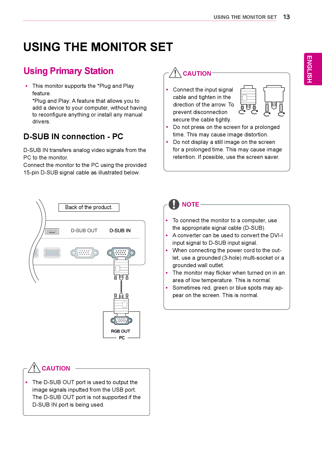 LG Electronics N225WU owner manual Using the Monitor SET, Using Primary Station, SUB in connection PC 