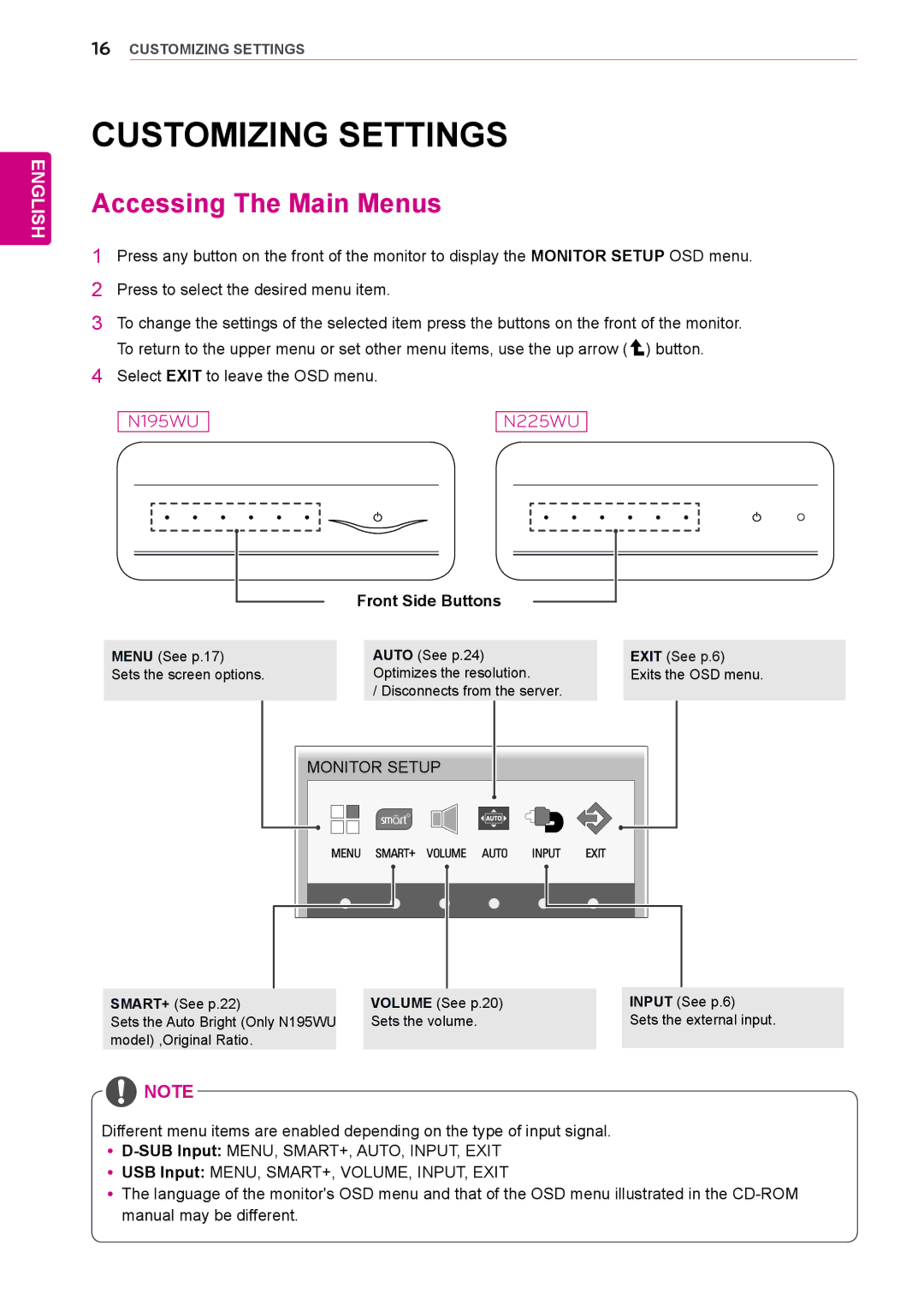 LG Electronics N225WU owner manual Customizing Settings, Accessing The Main Menus, Front Side Buttons 