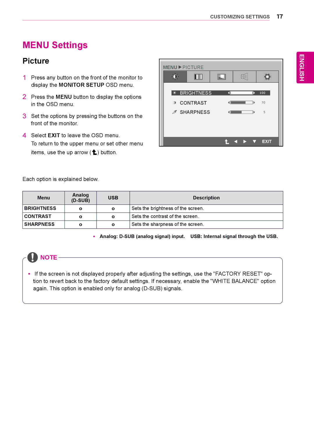 LG Electronics N225WU owner manual Menu Settings, Picture, Brightness Contrast Sharpness, Usb, Sub 