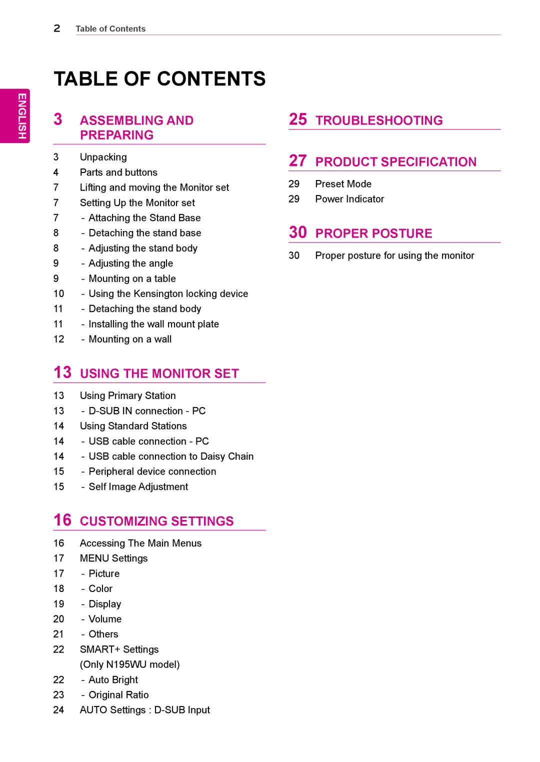 LG Electronics N225WU owner manual Table of Contents 