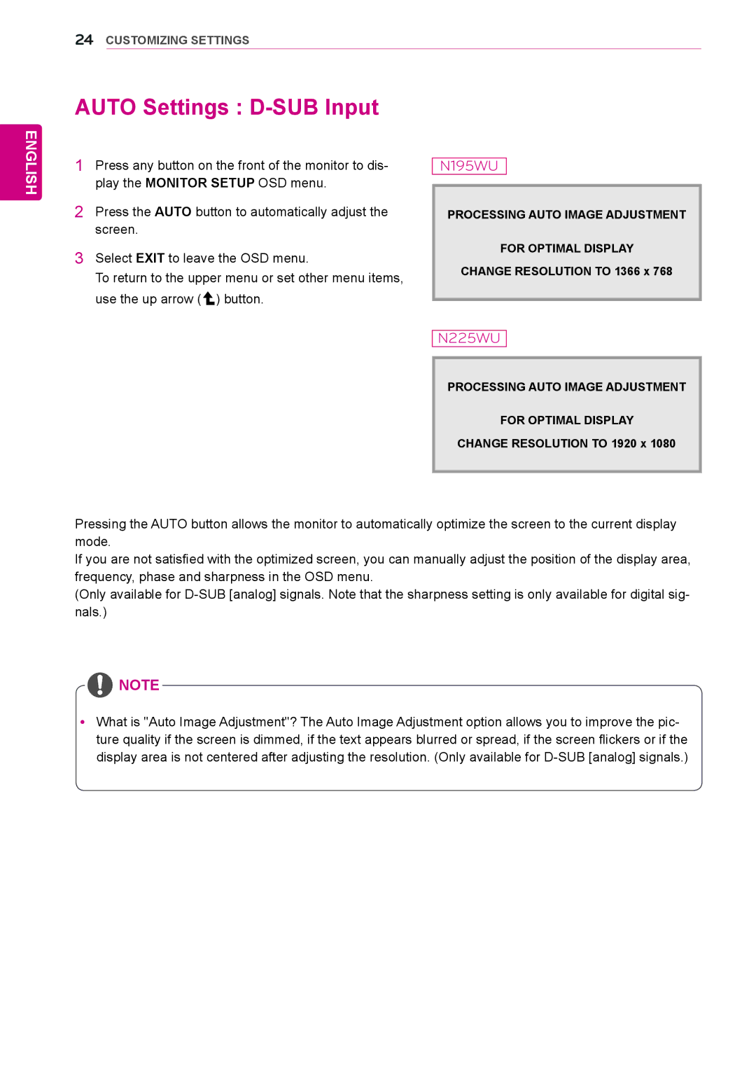 LG Electronics N225WU owner manual Auto Settings D-SUB Input, Processing Auto Image Adjustment For Optimal Display 