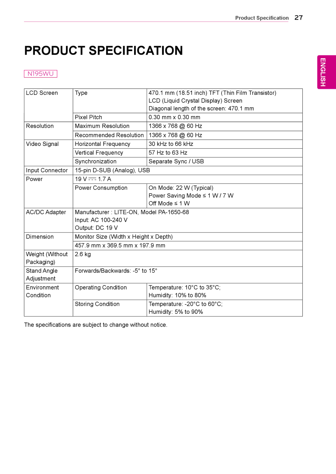 LG Electronics N225WU owner manual Product Specification 